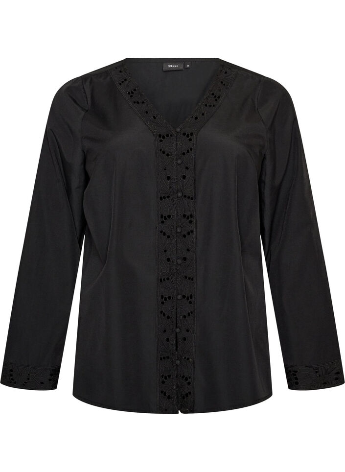 Hemdbluse mit Lochstickerei, Schwarz, Packshot image number 0