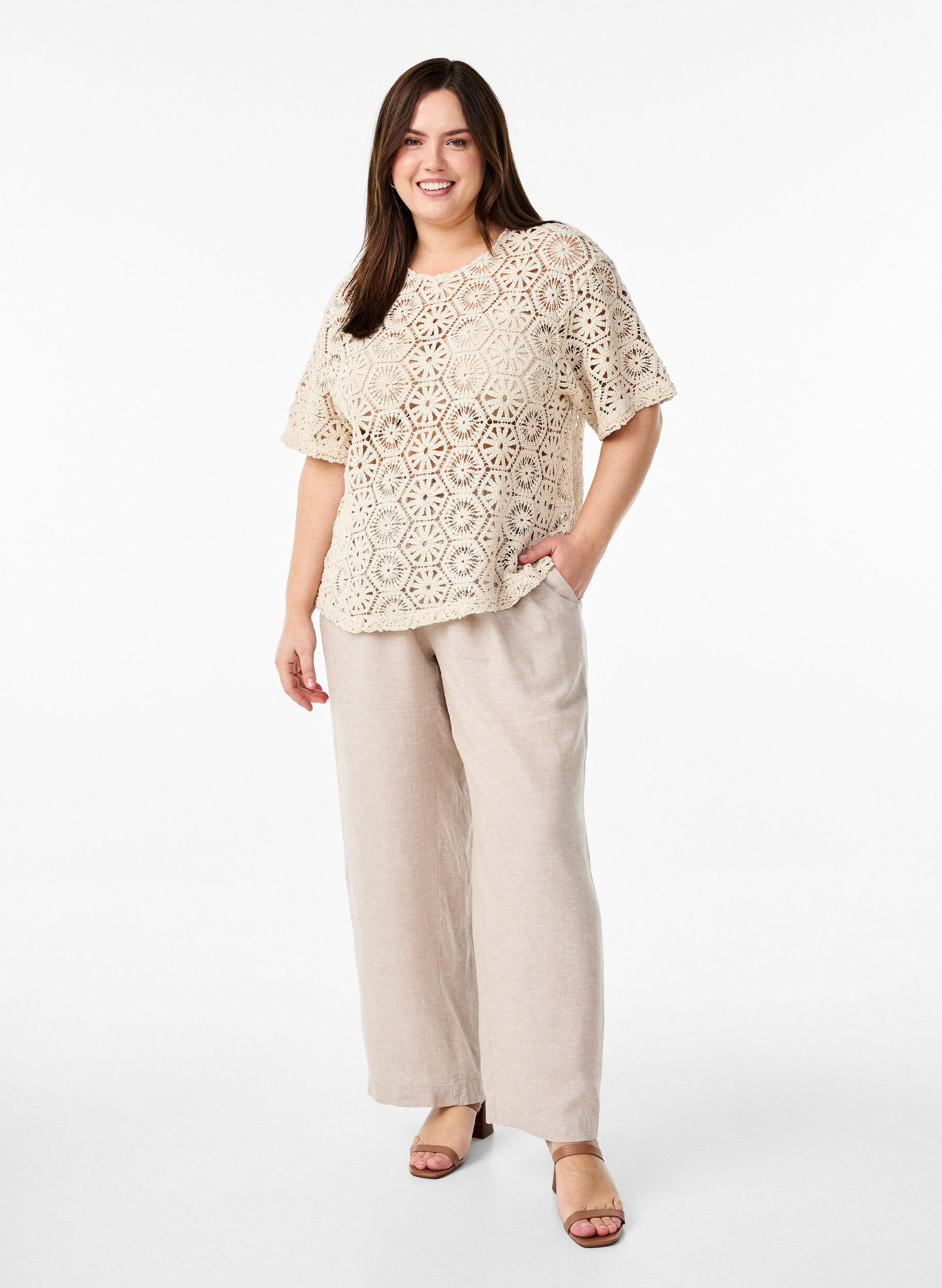 ZizziH&auml;kelbluse mit kurzen &Auml;rmeln, Beige, Model image number 1