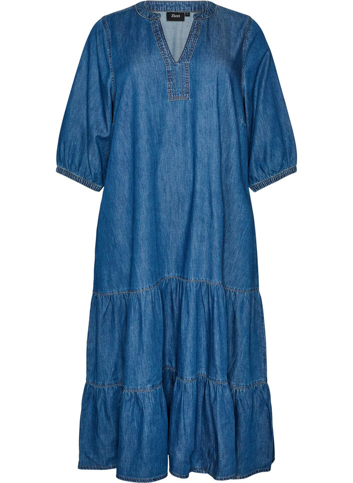Maxikleid aus Denim mit ger&uuml;schten Stufen, Blau, Packshot image number 0