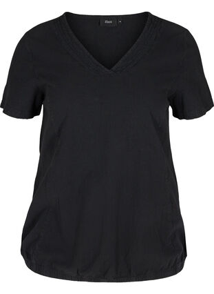 Kurzarm Bluse aus Baumwolle mit V-Ausschnitt, Black, Packshot image number 0