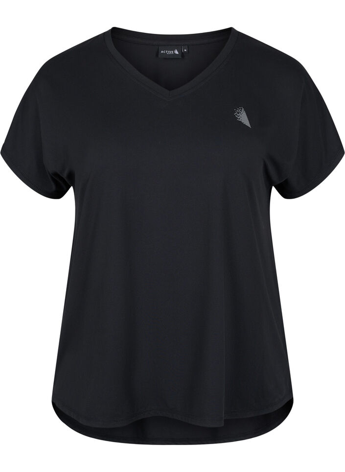 Kurzarm Trainingsshirt mit V-Ausschnitt, Schwarz, Packshot image number 0
