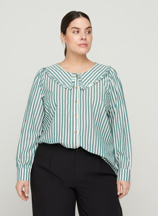 Gestreifte Hemdbluse aus Baumwolle, Green Stripe , Model image number 0