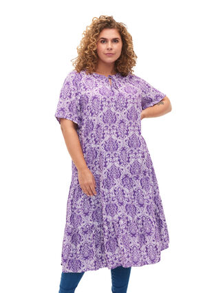 Kurzärmliges Viskose-Kleid mit Aufdruck, D. Lavender Oriental, Model image number 0