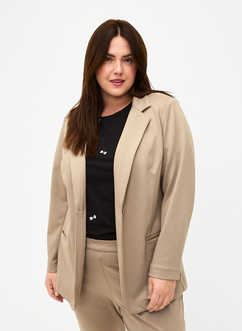 Schlichter Blazer mit Knopfverschluss, Beige, Model image number 0