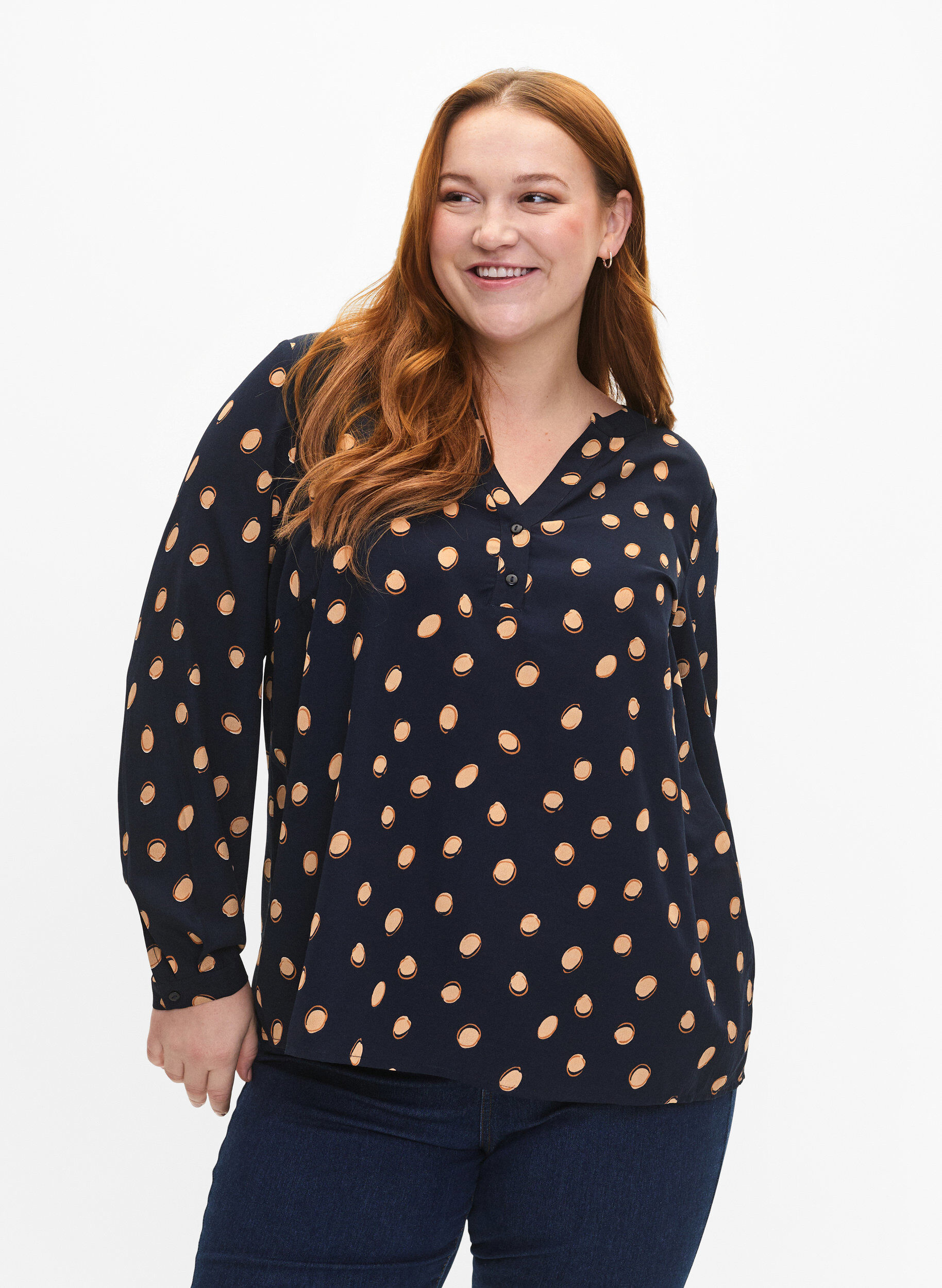 ZizziFLASH &ndash; Lang&auml;rmlige Bluse mit Druck, Blue Double Dot, Model image number 0
