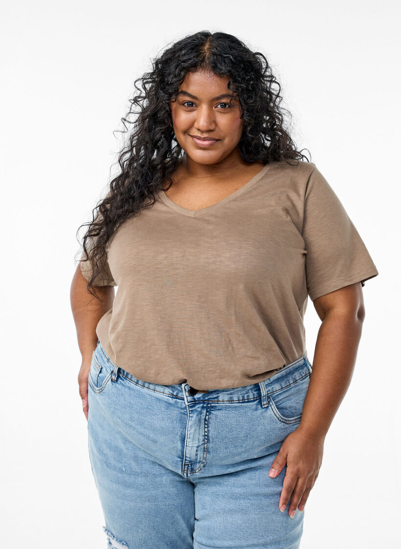 Kurzärmliges Basic-T-Shirt mit V-Ausschnitt, Braun, Model image number 0