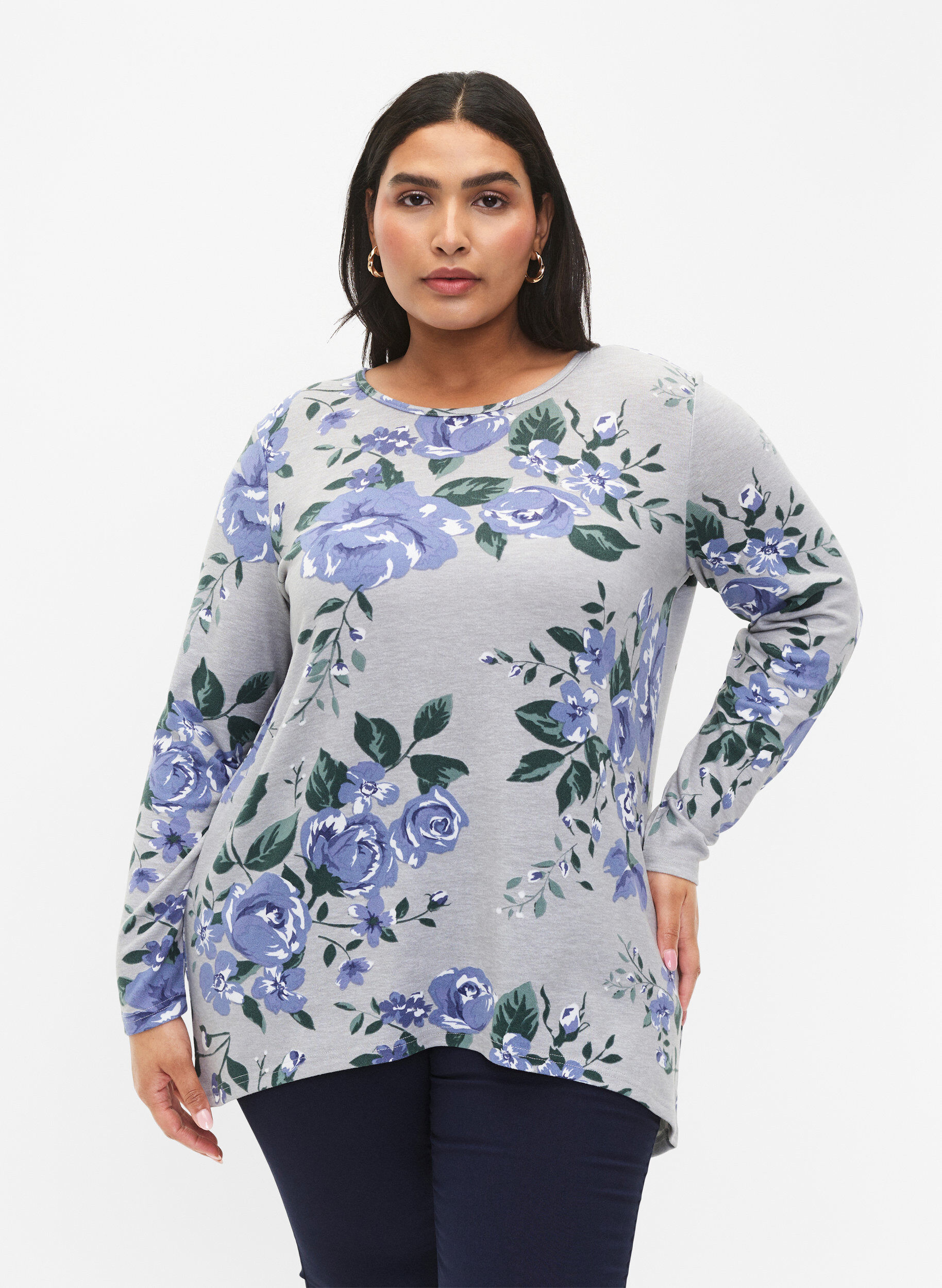 Zizzi Bluse mit Blumenmuster und langen &Auml;rmeln, Blau, Model image number 0