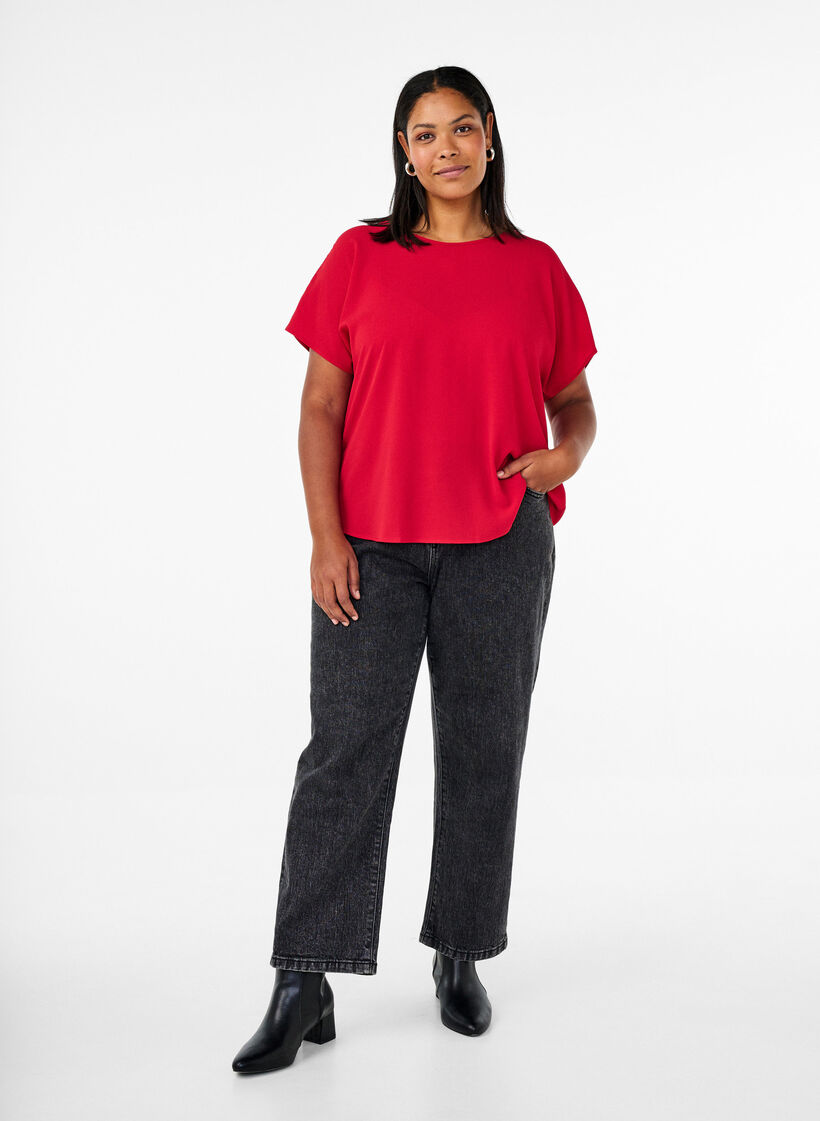 Bluse mit kurzen &Auml;rmeln und einem Rundhalsausschnitt, Rot, Model image number 1