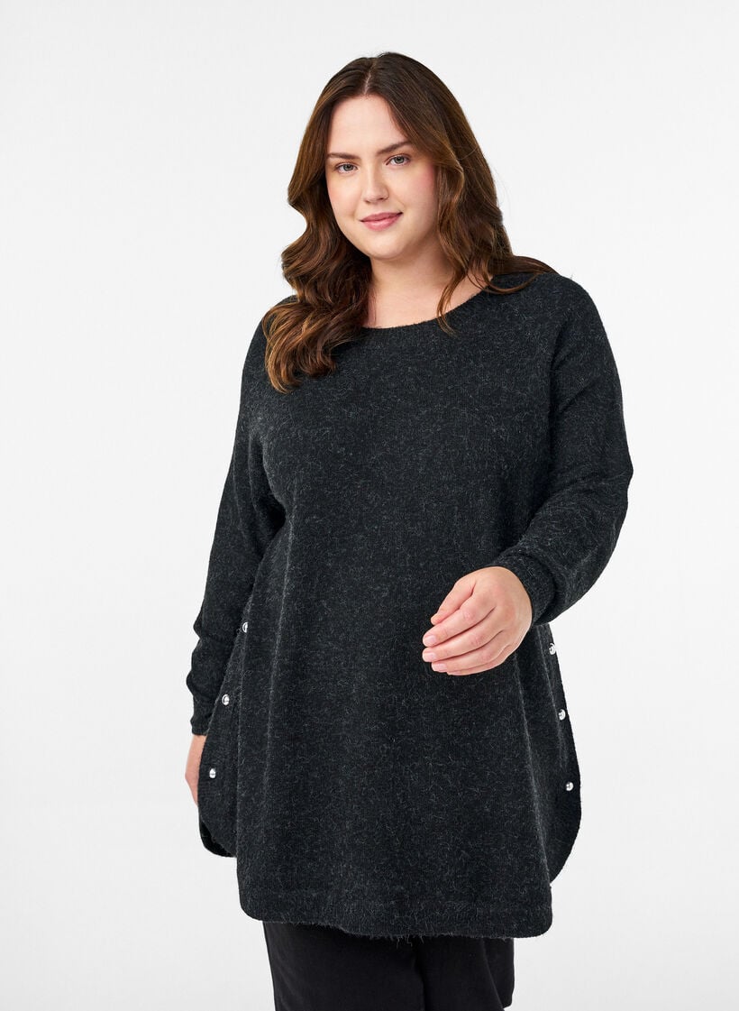 Lange Strickbluse mit Kugelkn&ouml;pfen, Grau, Model image number 0