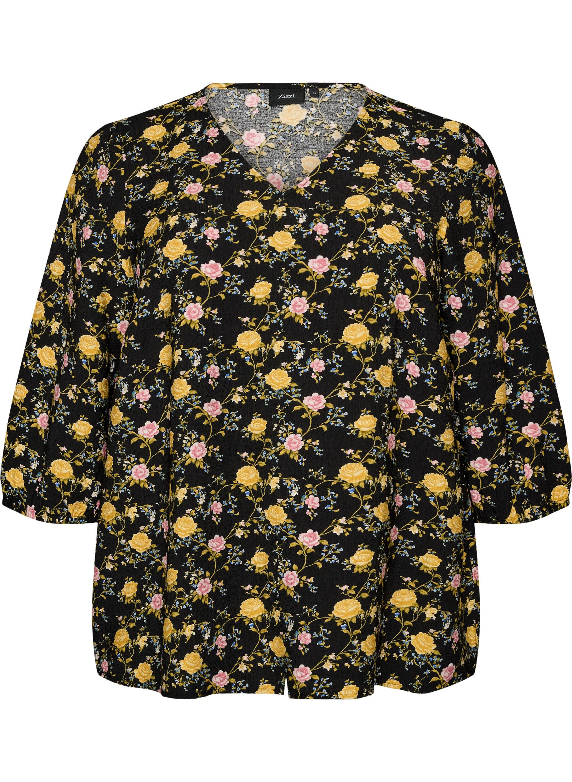 ZizziGemusterte Bluse aus Viskose mit 3/4-&Auml;rmeln, Schwarz, Packshot image number 0