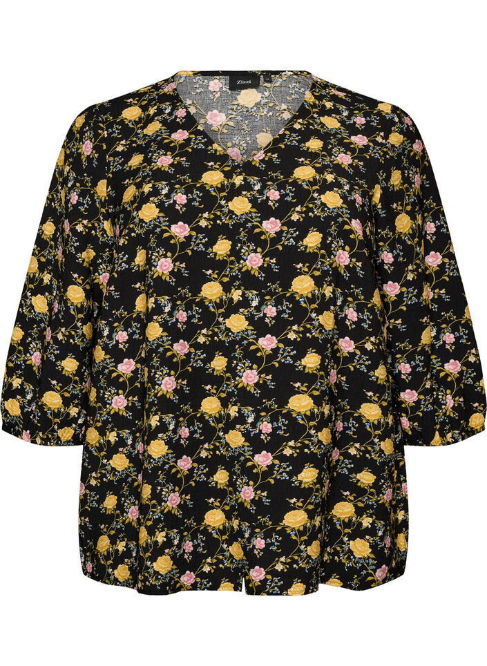 Gemusterte Bluse aus Viskose mit 3/4-&Auml;rmeln, Schwarz, Packshot image number 0