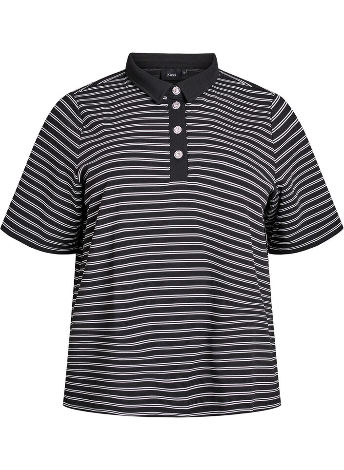 Kurzärmliges Poloshirt mit Streifen und Reißverschluss, Schwarz, Packshot image number 0