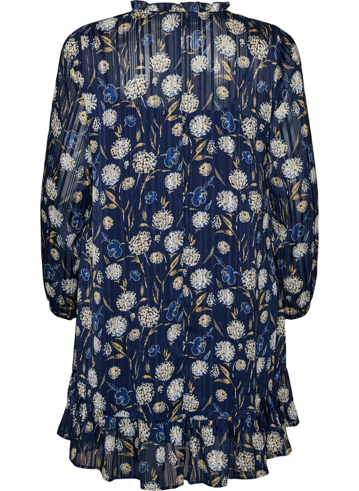 Gemustertes Kleid mit R&uuml;schen und langen &Auml;rmeln, Blau, Packshot image number 1