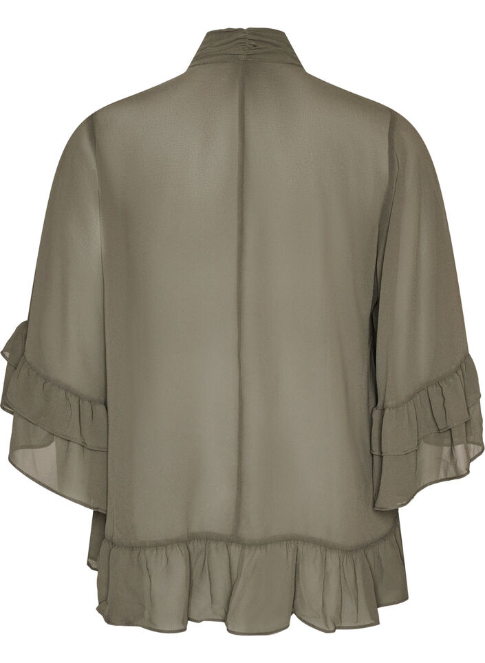 Bluse mit Bindeband und R&uuml;schendetails, Grau, Packshot image number 1
