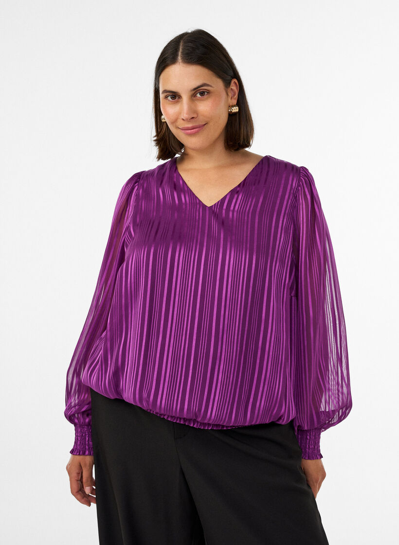 Gestreifte Bluse in Ballonform, Lila, Model image number 0
