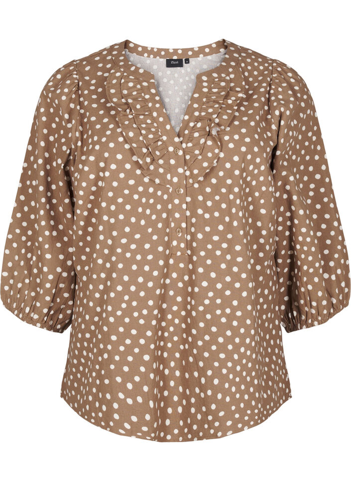 Gepunktete Baumwollbluse mit 3/4-Arm, Coca Mocha Dot , Packshot image number 0