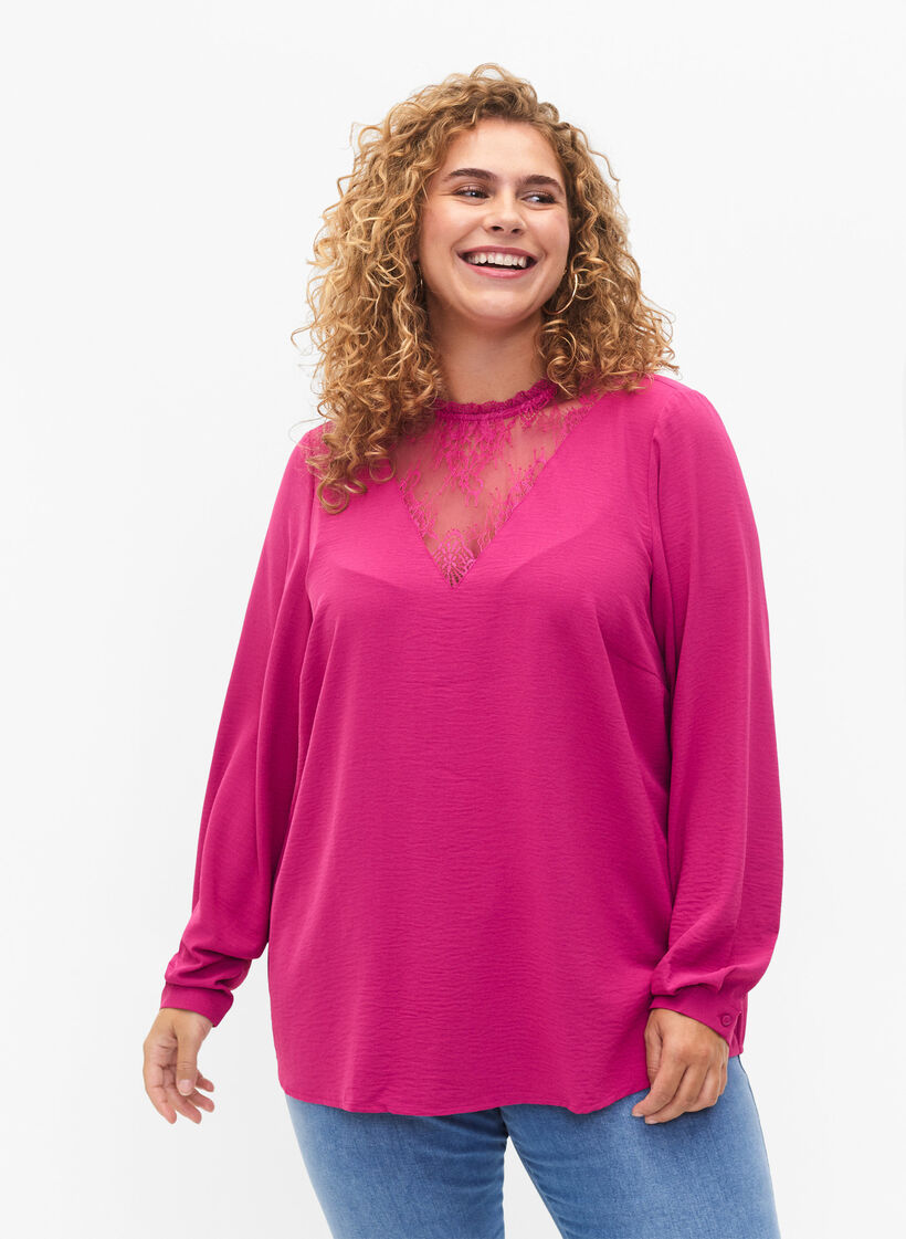 Langärmelige Bluse mit Spitzendetail, Festival Fuchsia, Model image number 0