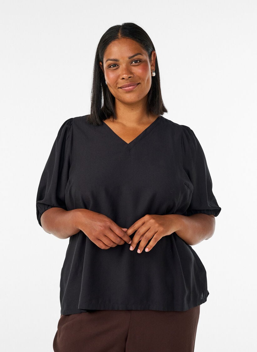 Bluse aus Viskose mit V-Ausschnitt, Schwarz, Model image number 0