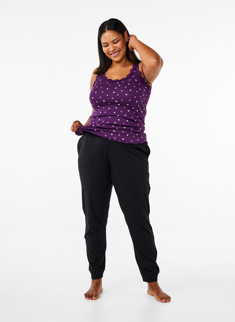 Oberteil mit Aufdruck und Spitzenborte, Lila, Model image number 1