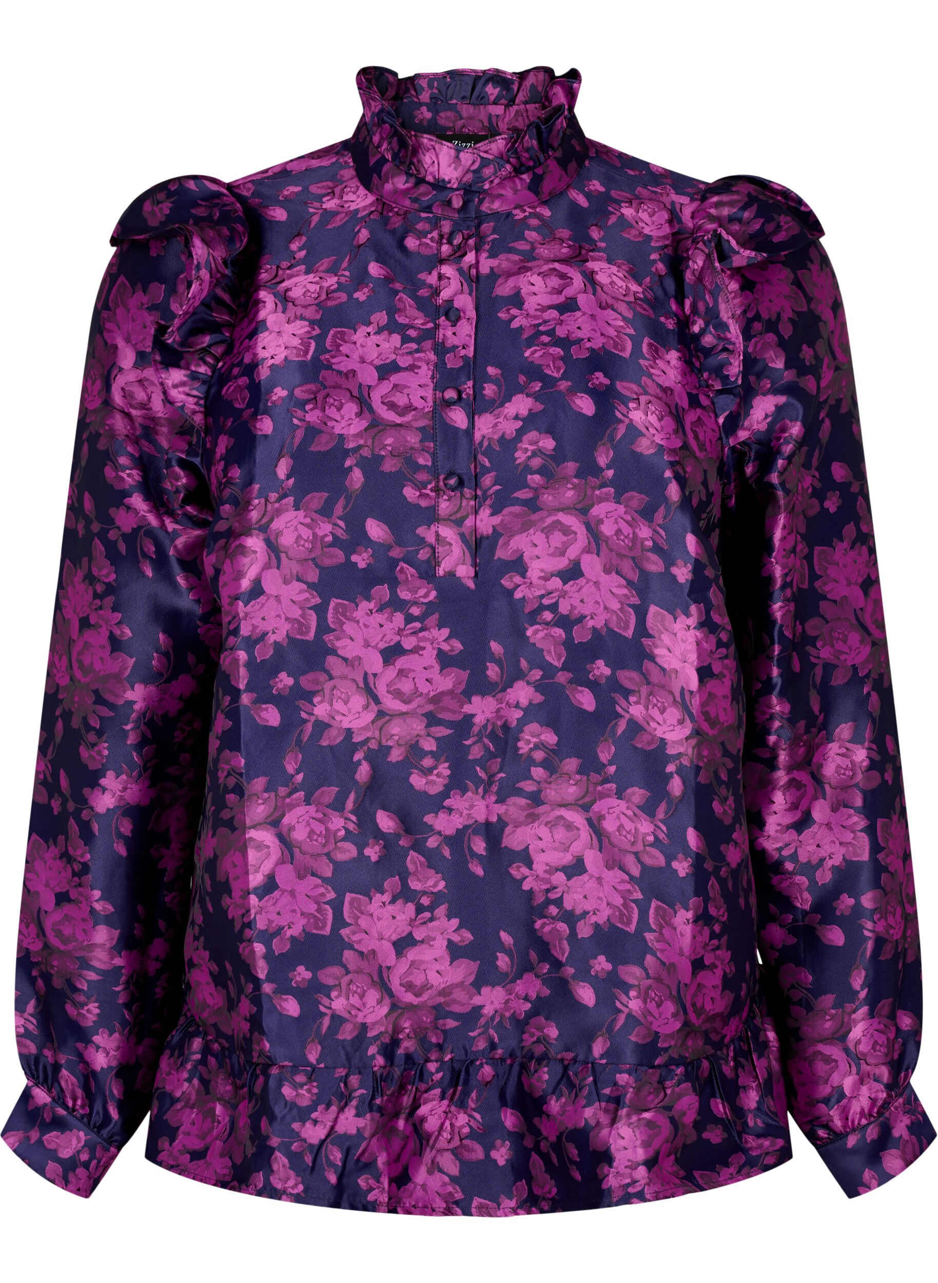 Zizzi Gebl&uuml;mte Jacquard-Bluse mit R&uuml;schendetails, Dark Blue Pink, Packshot image number 0