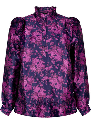  Geblümte Jacquard-Bluse mit Rüschendetails, Dark Blue Pink, Packshot image number 0