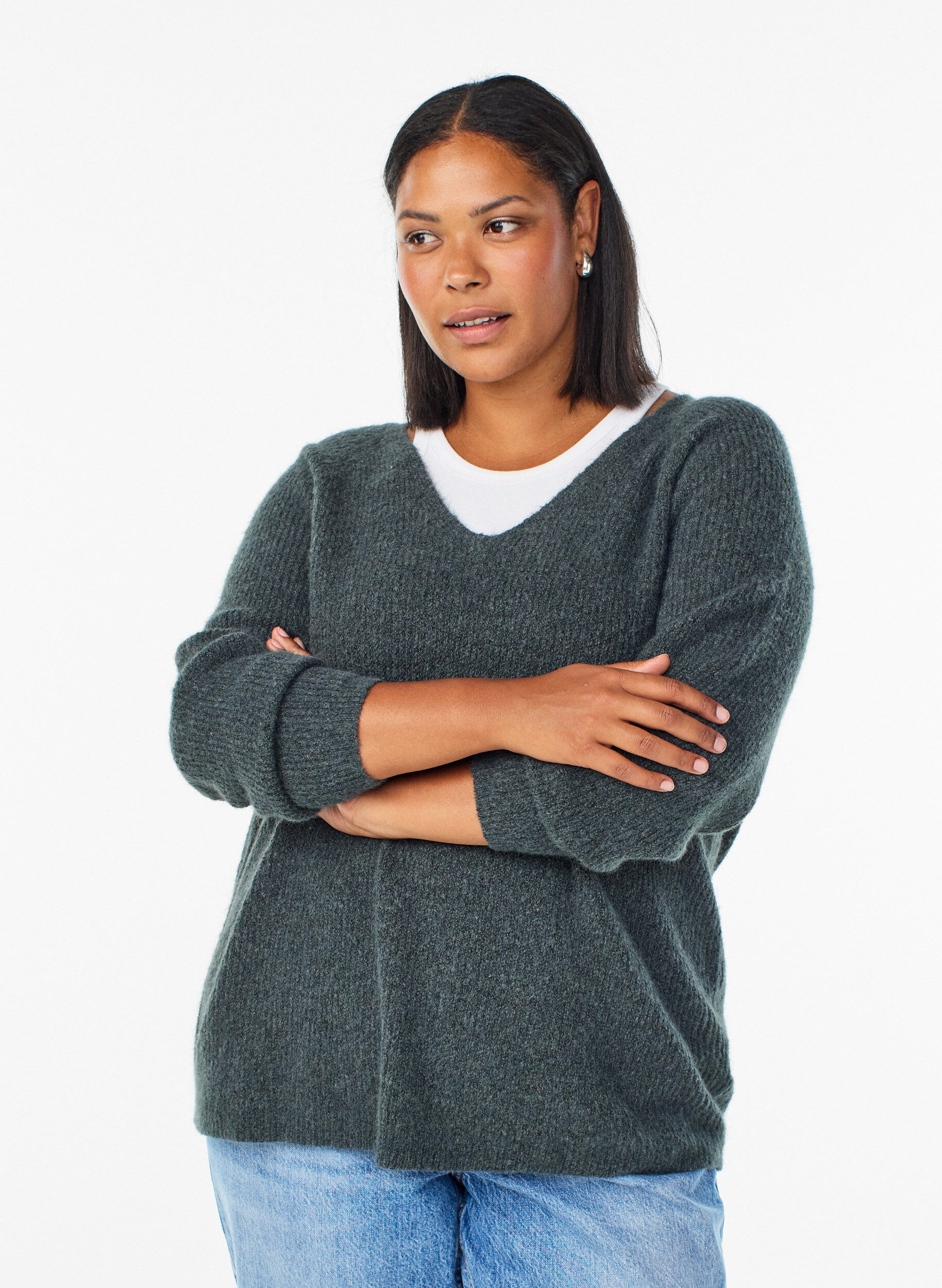 ZizziStrickbluse mit V-Ausschnitt und Raglan&auml;rmeln, Gr&uuml;n, Model image number 0