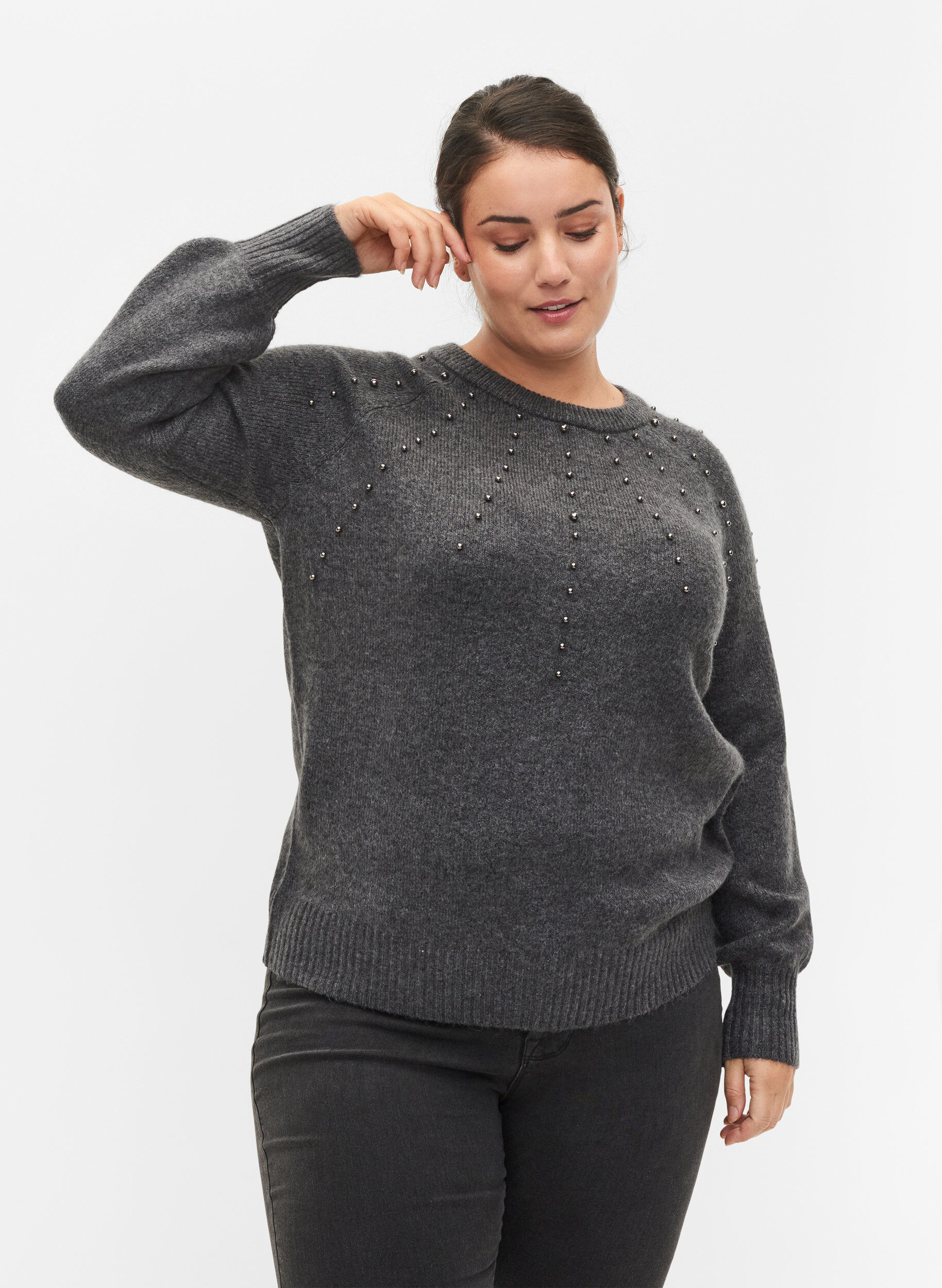 Zizzi	 Strickbluse mit Perlen, Dark Grey Melange, Model image number 0