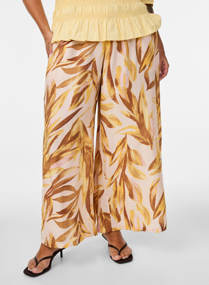 Hose mit weitem Bein, Blattdruck und hohem Gummizugbund., Gelb, Model image number 2