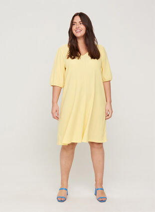Kleid mit Puffärmeln und V-Ausschnitt, Mellow Yellow, Model image number 2