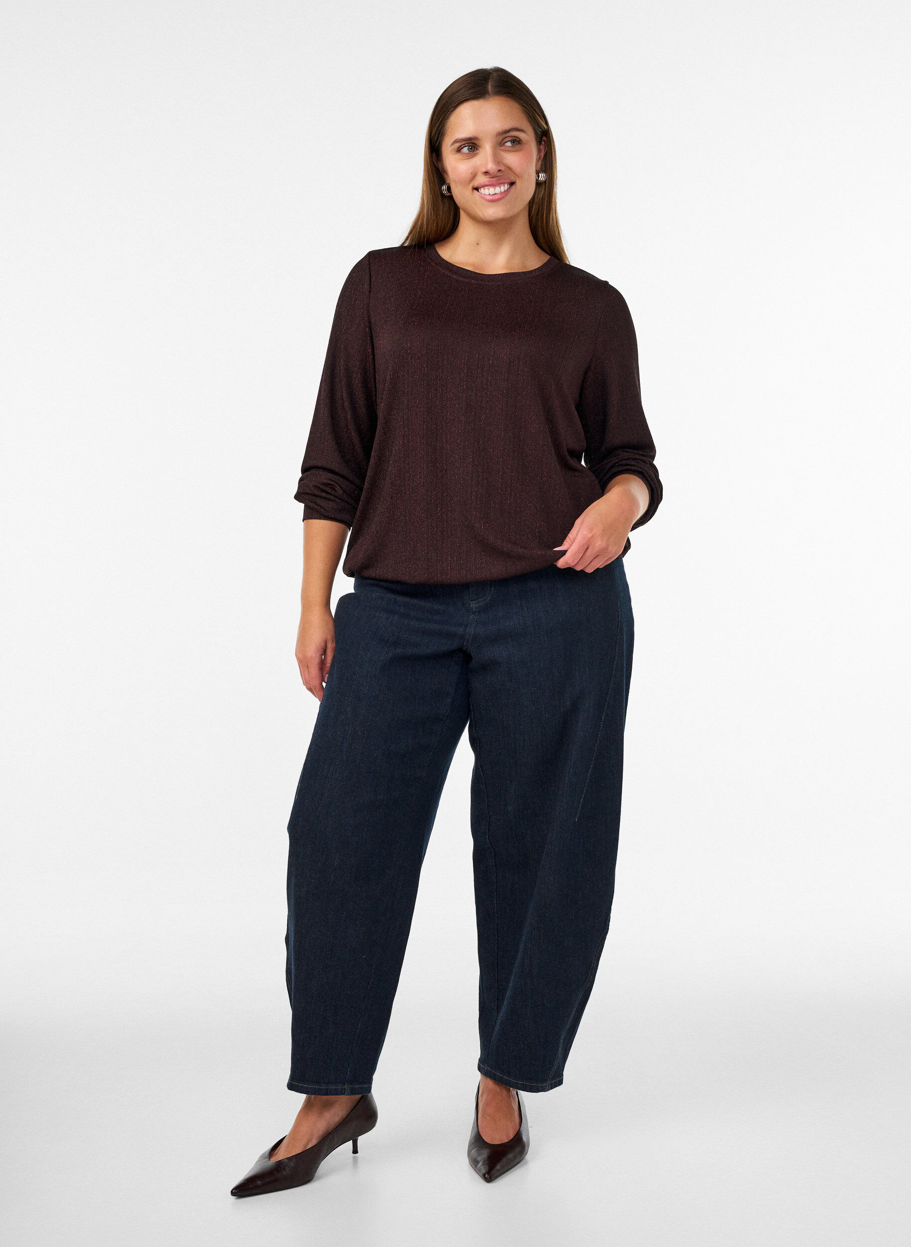 ZizziBluse mit vertikaler Struktur und Glitzerfaden, Braun, Model image number 1