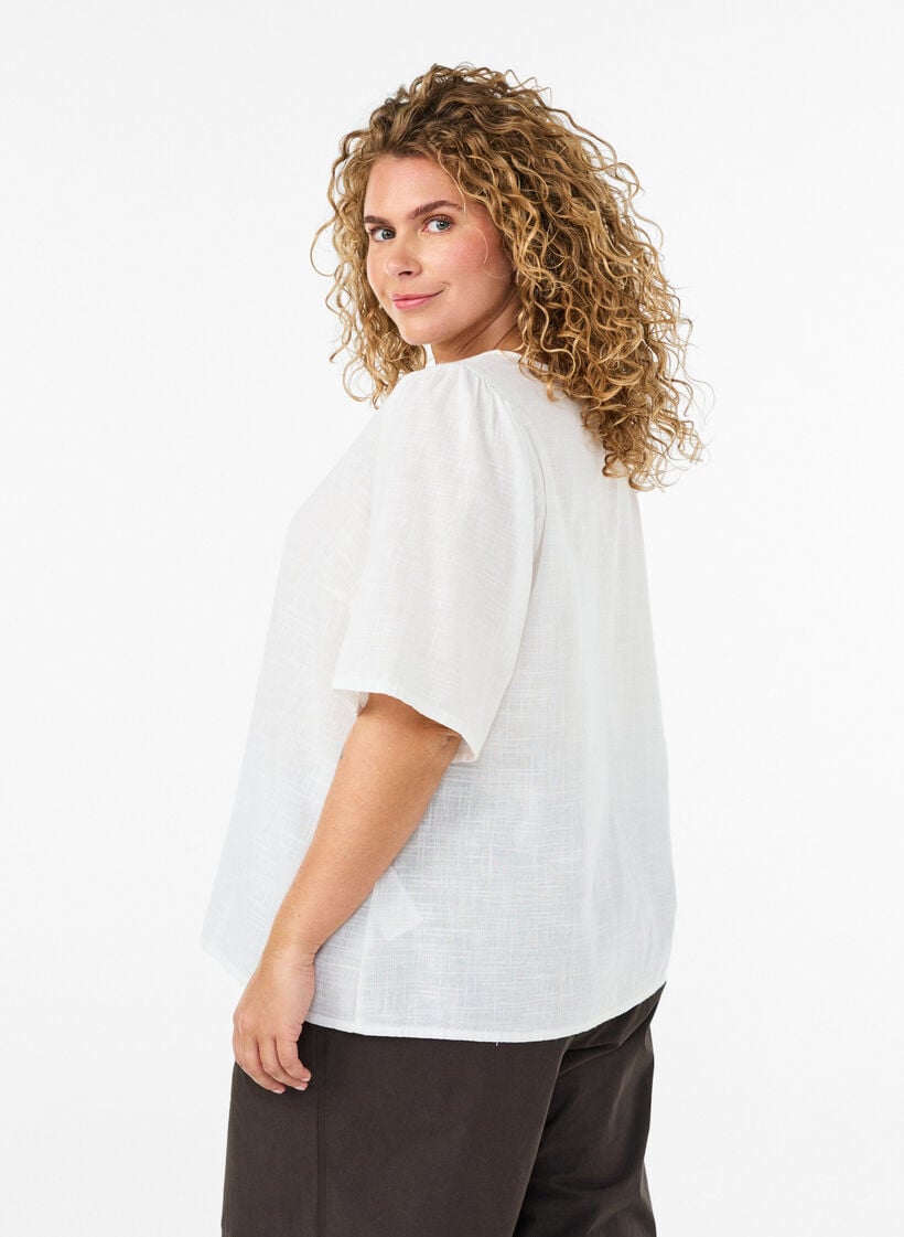 Kurz&auml;rmelige Bluse aus Baumwolle mit V-Ausschnitt, Wei&szlig;, Model image number 1