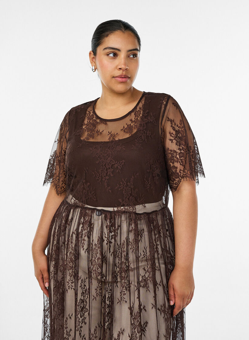 Midikleid aus transparenter Spitze mit kurzen &Auml;rmeln, Braun, Model image number 2