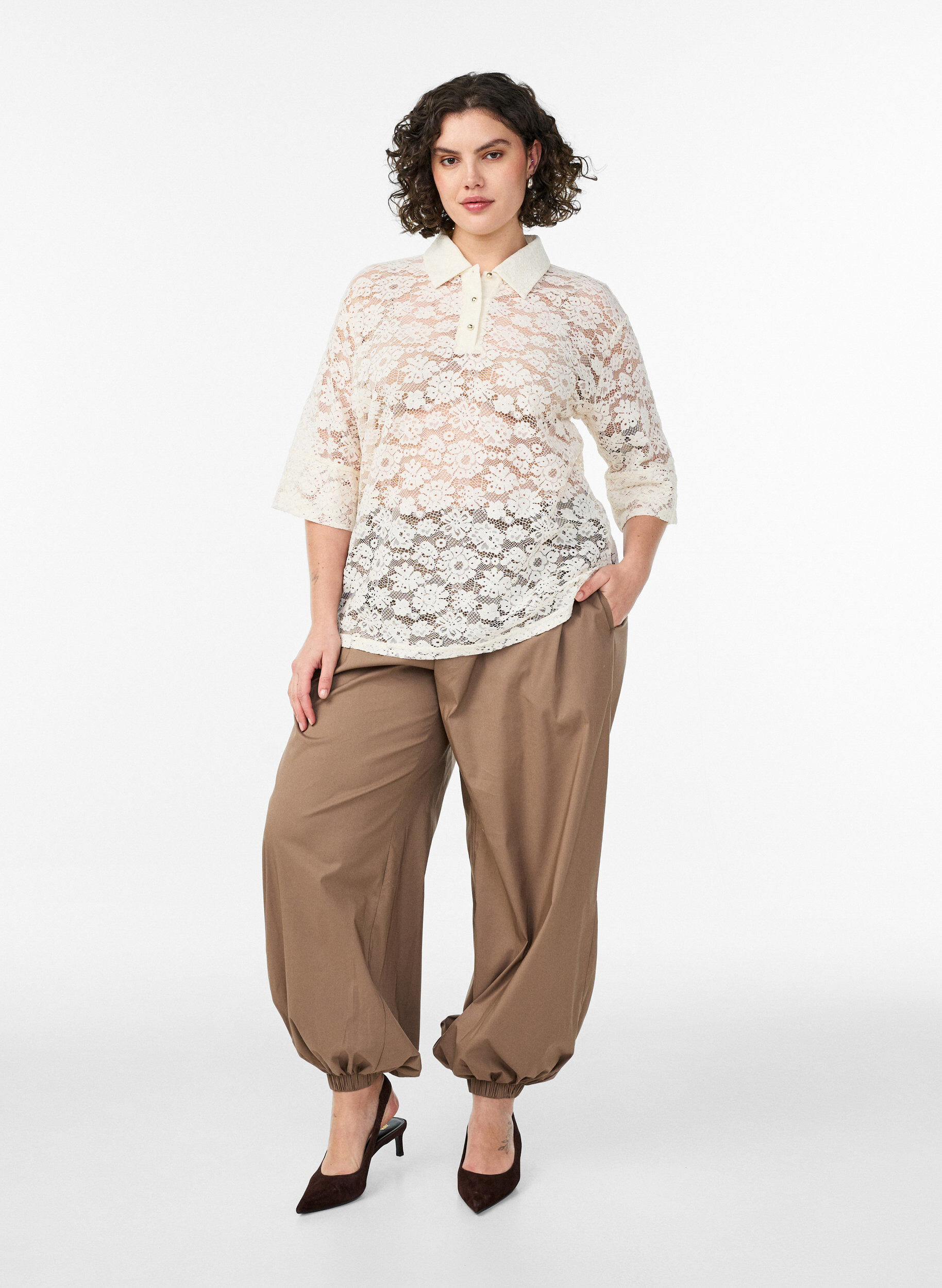 ZizziSpitzenbluse mit Kragen und 1/2-&Auml;rmeln, Vanille, Model image number 1