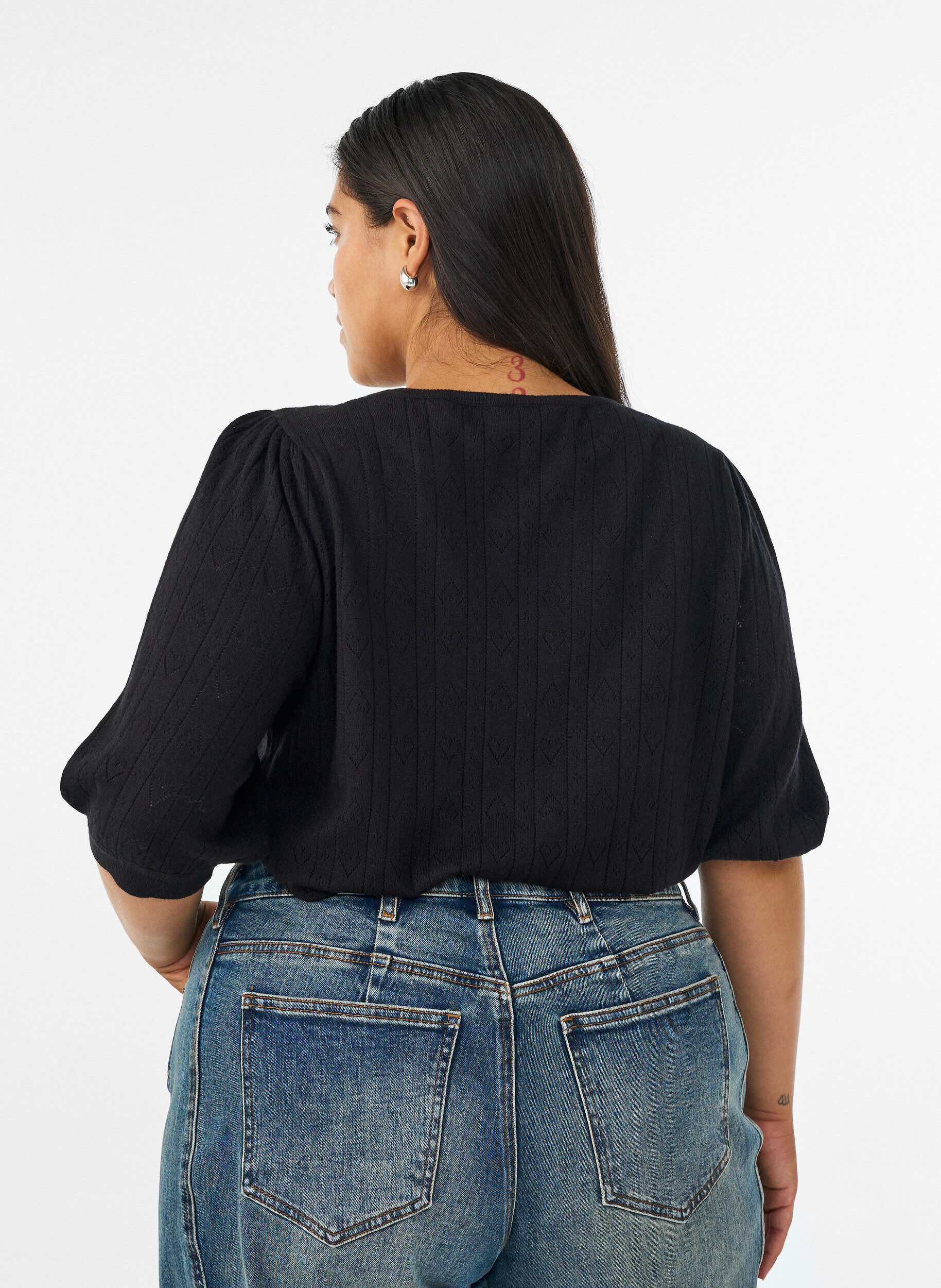 ZizziKurz&auml;rmelige Bluse aus Strick mit Pointelle-Muster, Schwarz, Model image number 2
