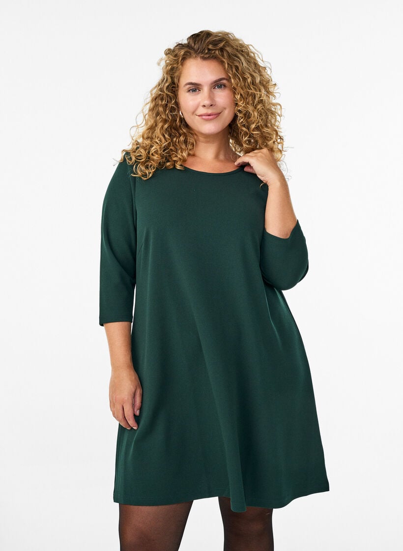 Kurz geschnittenes A-Linien Kleid aus Webstoff mit 3/4 &Auml;rmeln, Gr&uuml;n, Model image number 0