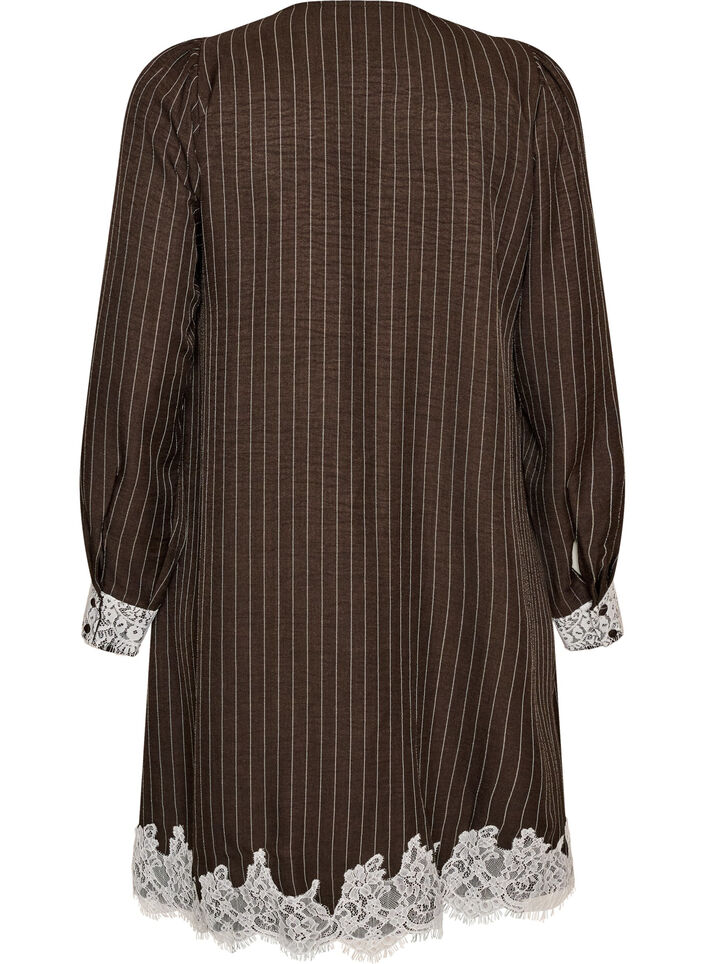 Knielanges Kleid mit Nadelstreifen und Spitzenbesatz, Braun, Packshot image number 1