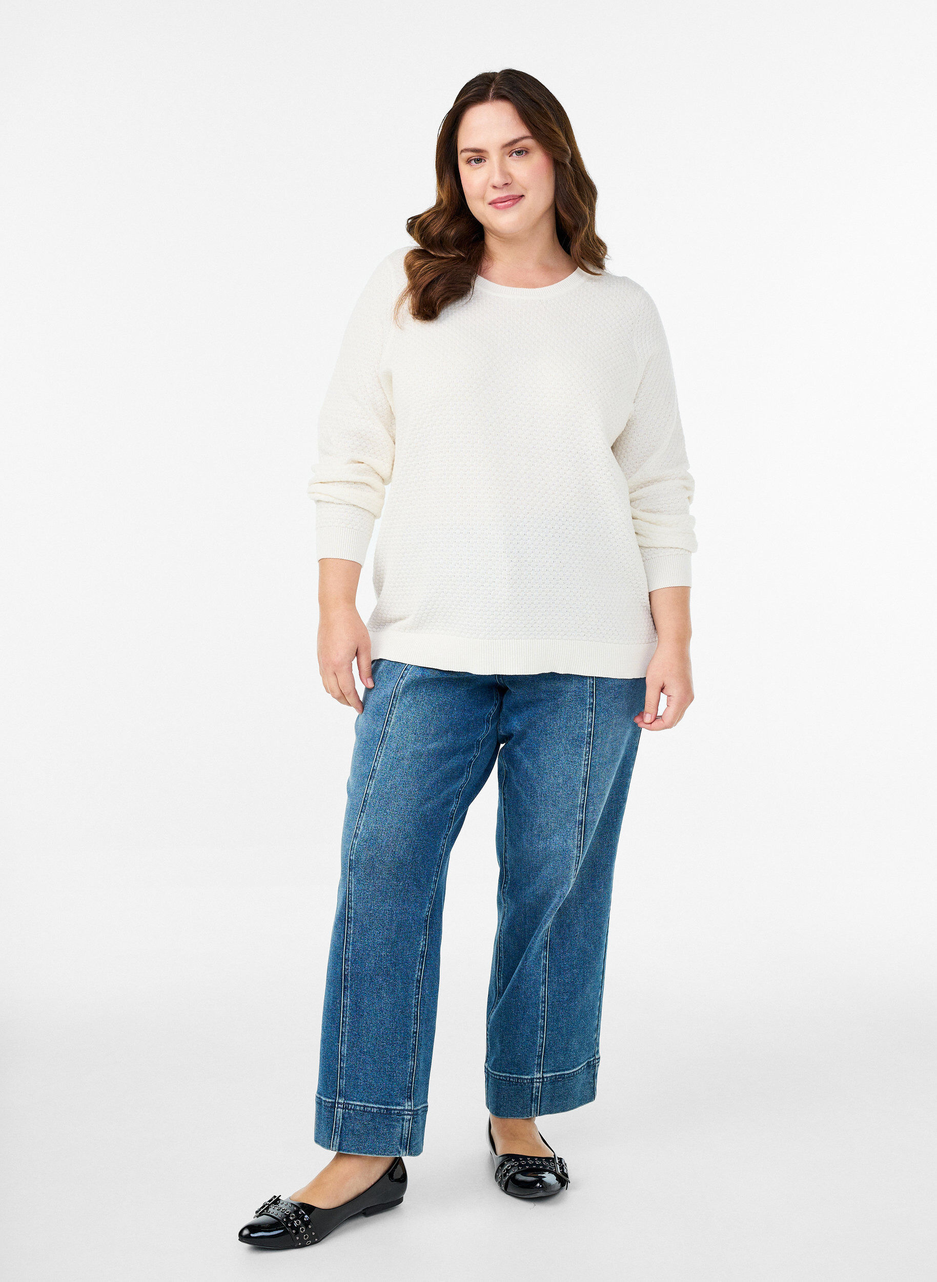 ZizziStrickbluse aus Baumwolle mit Strukturmuster, Vanille, Model image number 1