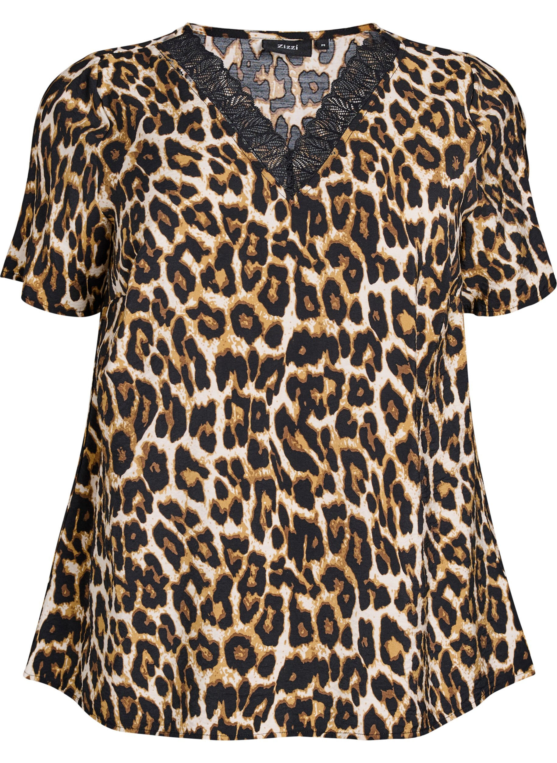 Kurz&auml;rmelige Viskosebluse mit Spitzenbesatz