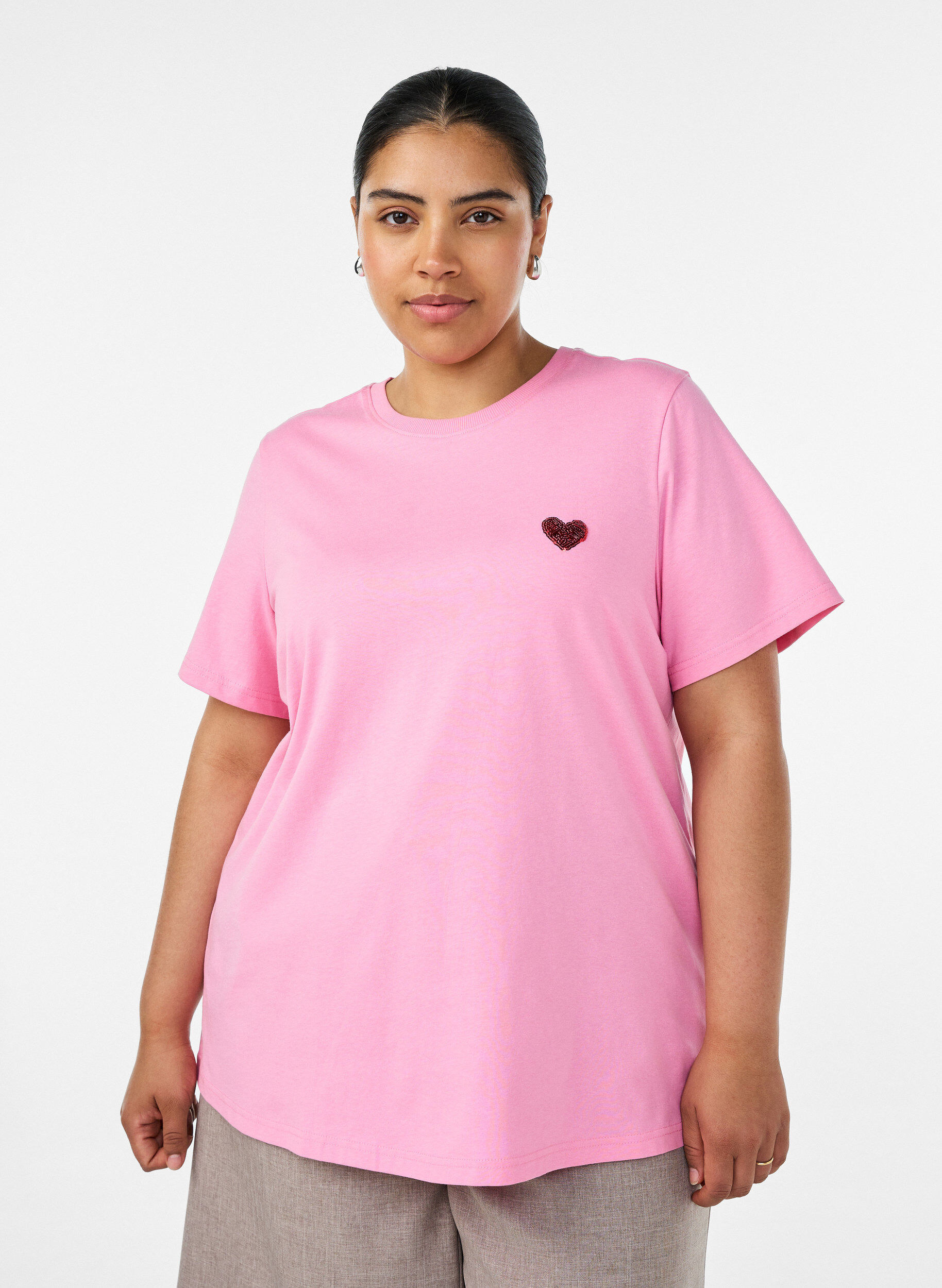 ZizziT-Shirt mit Pailletten-Herz und buntem R&uuml;ckenprint, Pink, Model image number 0