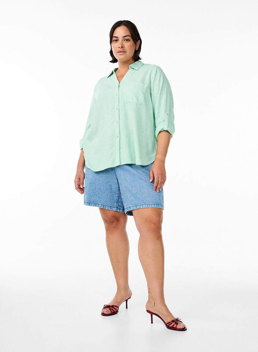 Bluse aus Leinen und Viskose mit 3/4-&Auml;rmeln, Gr&uuml;n, Model image number 1