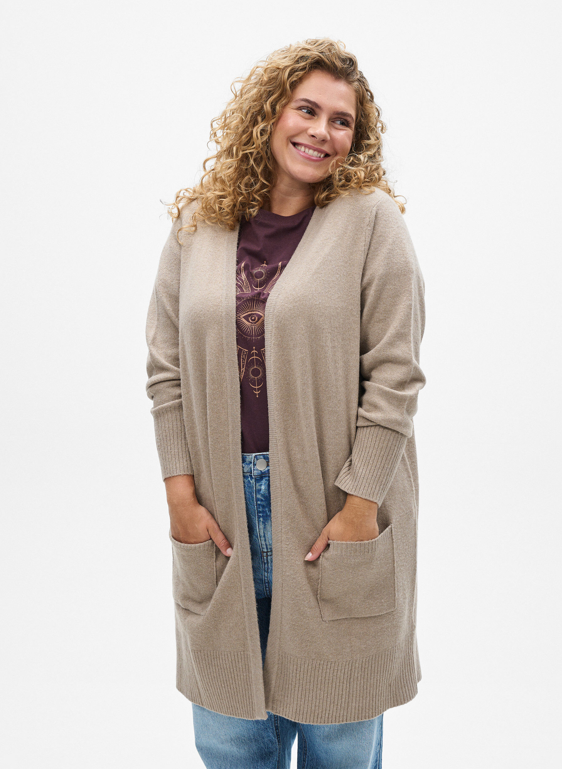 ZizziStrickjacke mit Rippenstrick und Taschen, Beige, Model image number 0