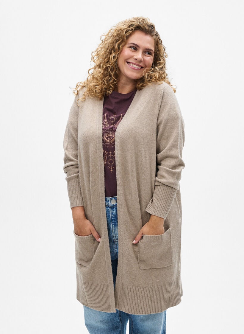Strickjacke mit Rippenstrick und Taschen, Beige, Model image number 0