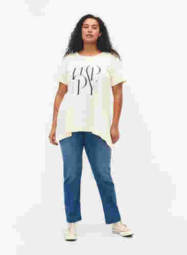 T-Shirt aus Baumwolle mit Textdruck, Buttercream HAPPY, Model image number 2