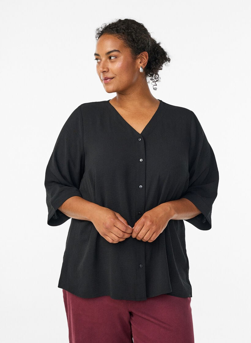 Bluse mit V-Ausschnitt und 3/4-&Auml;rmeln, Schwarz, Model image number 0