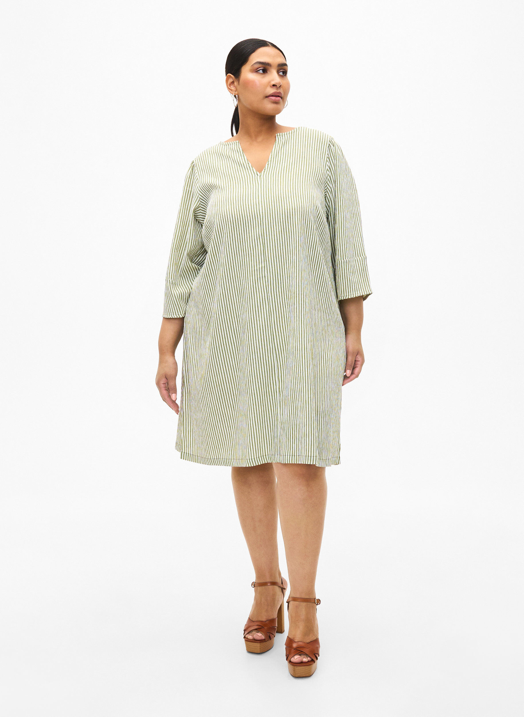 ZizziGestreiftes Kleid mit 3/4-&Auml;rmeln, Green Stripe, Model image number 2