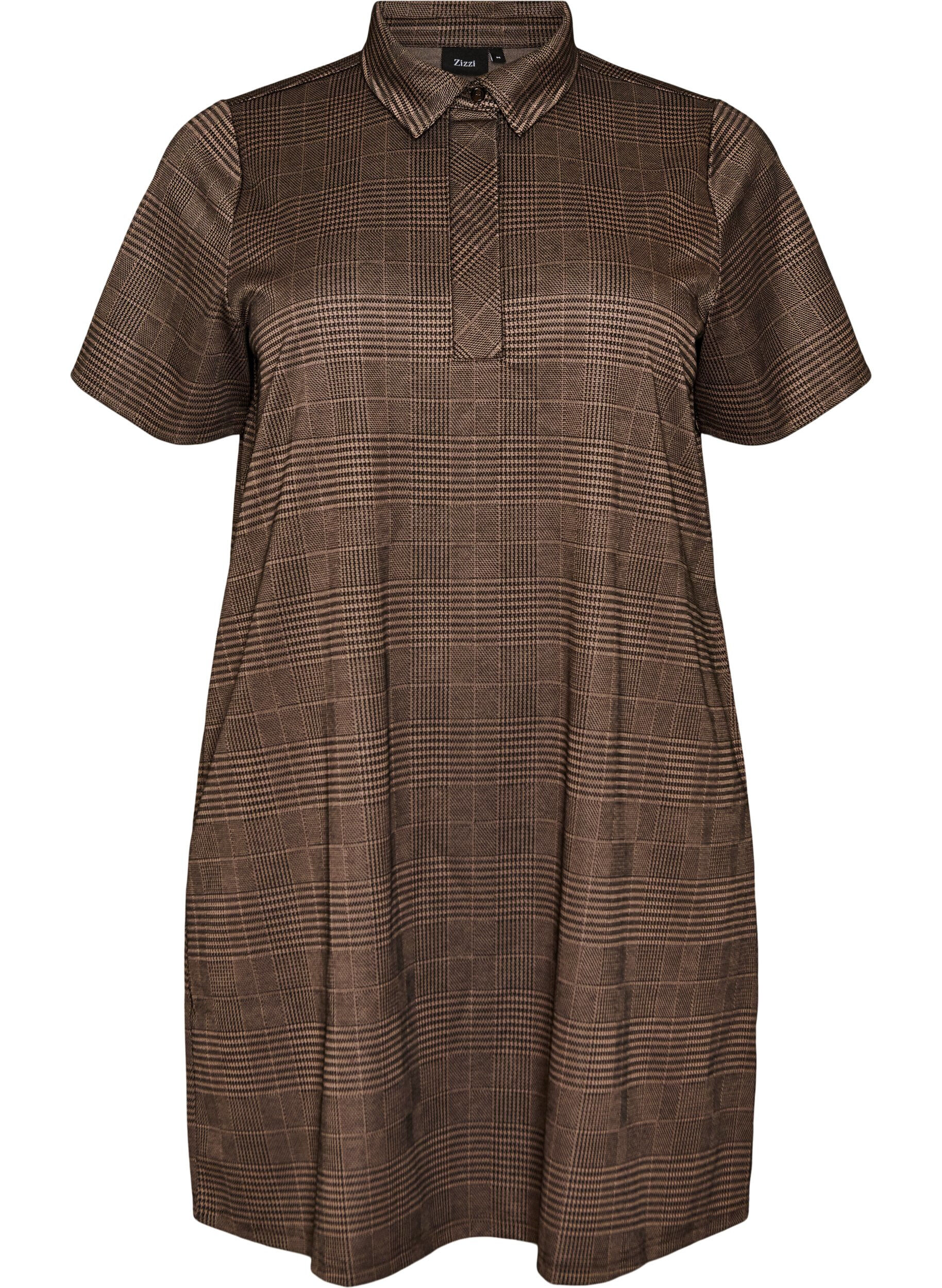 ZizziKurzes kariertes Kleid mit Hemdkragen, Braun, Packshot image number 0