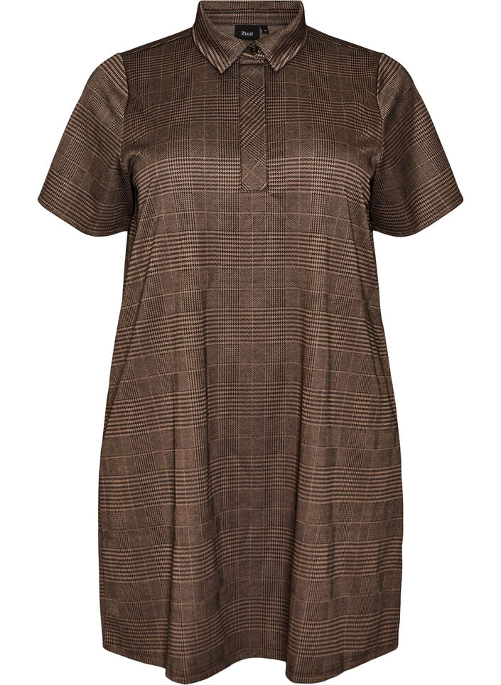 Kurzes kariertes Kleid mit Hemdkragen, Braun, Packshot image number 0