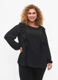 PREISSCHOCK - Langärmelige Bluse mit Rüschen, Black Dot, Model