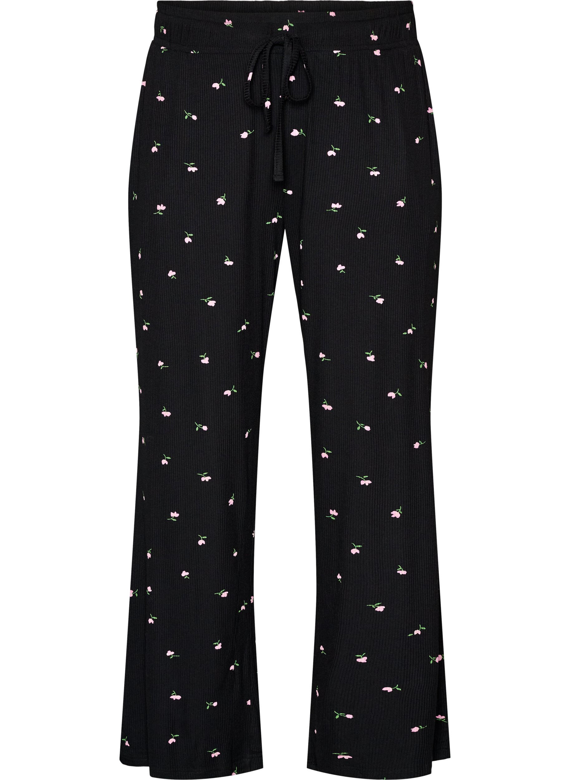 ZizziPyjamahose mit Rippstruktur und gebl&uuml;mtem Print, Schwarz, Packshot image number 0