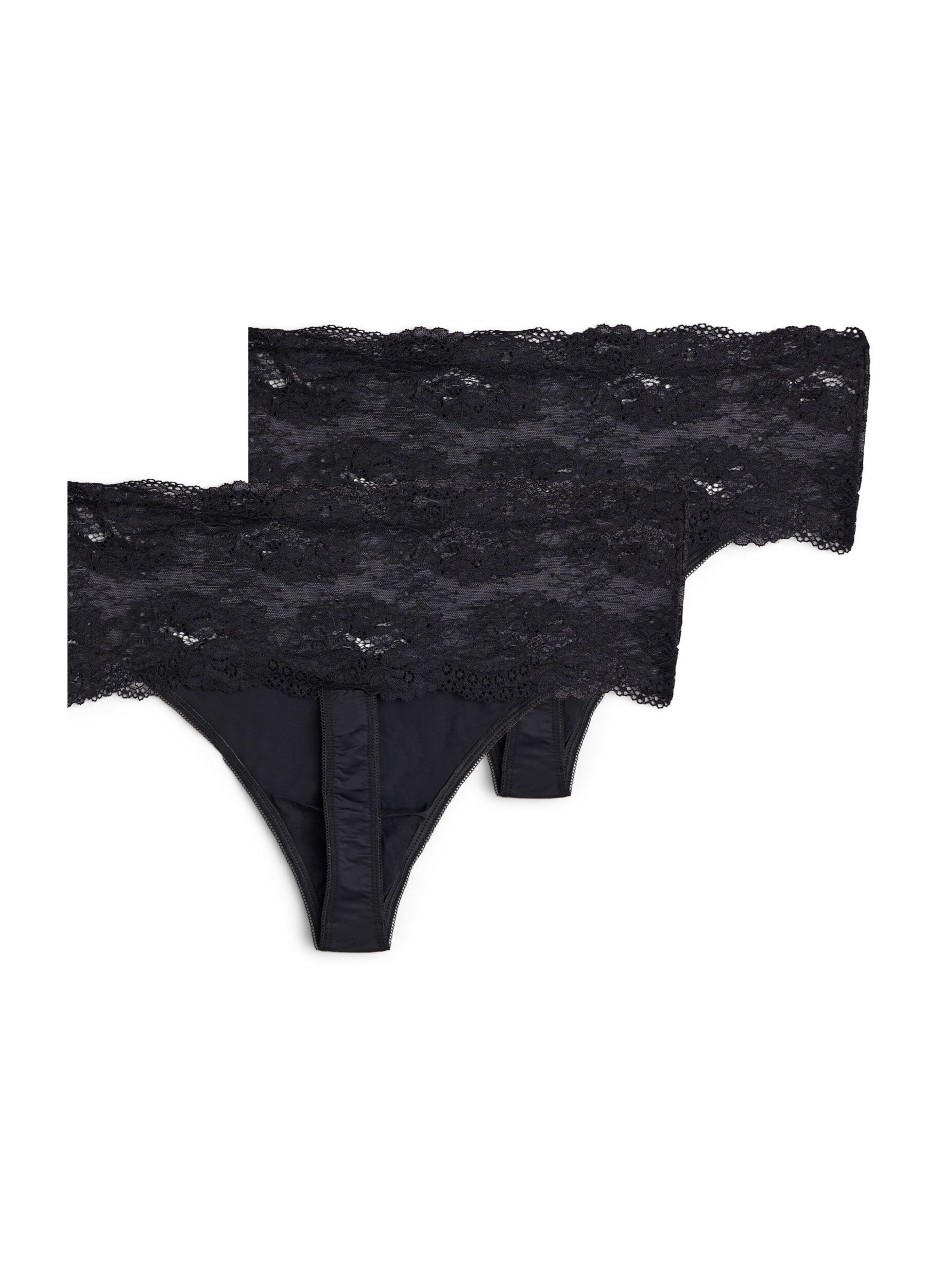 Zizzi2er-Pack Tanga mit breitem Spitzenrand, Schwarz, Packshot image number 1